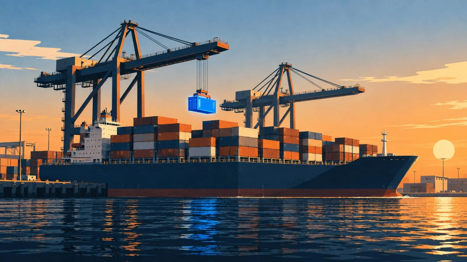 Container cranes load a cargo ship beside rows of steel containers / TokenPost.ai