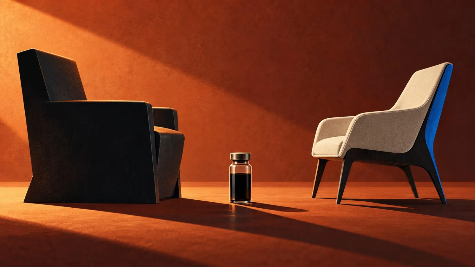 A glass vial of oil stands between two empty chairs. / TokenPost.ai