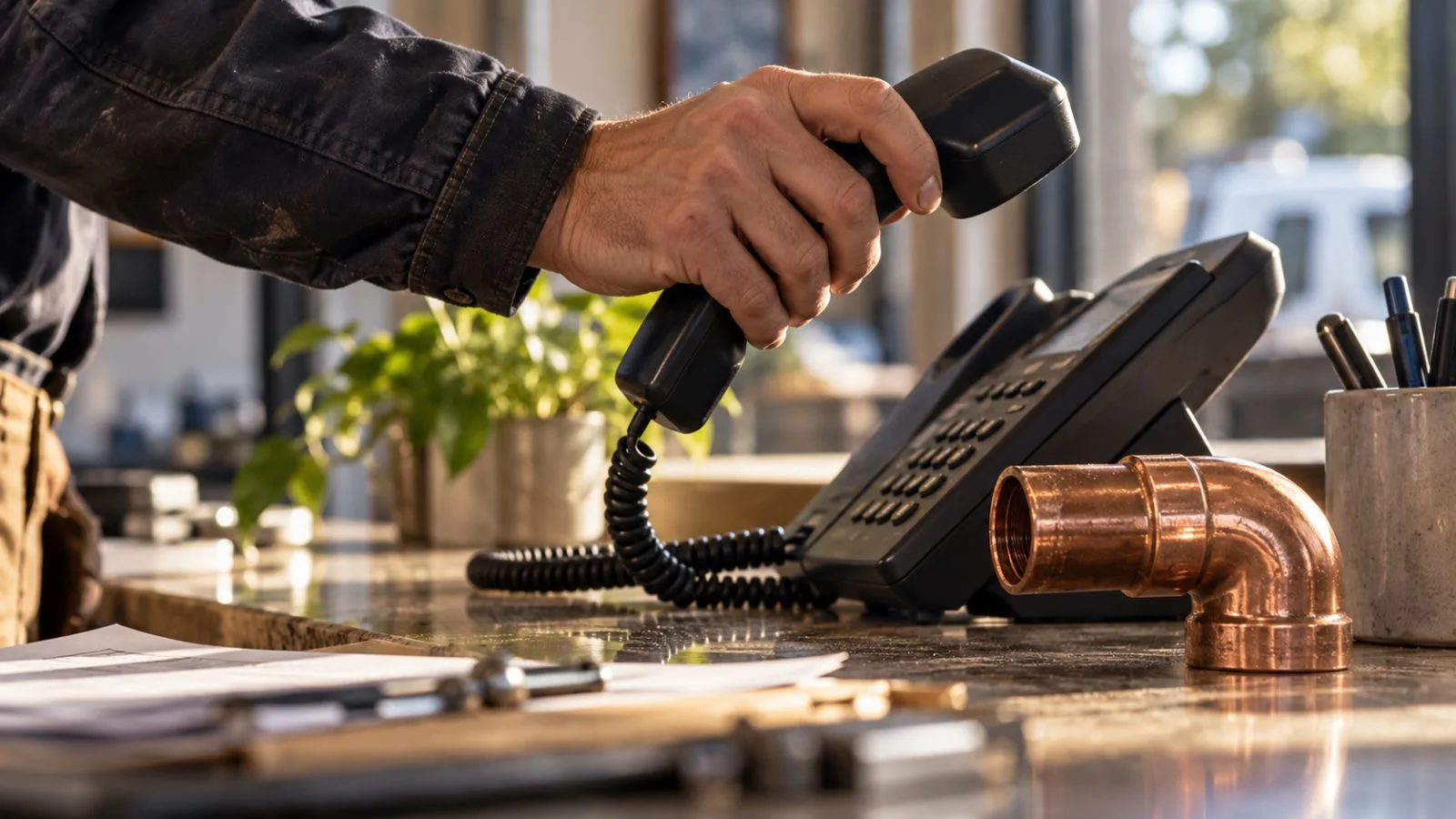 A hand lifts a phone beside a copper pipe fitting / TokenPost.ai