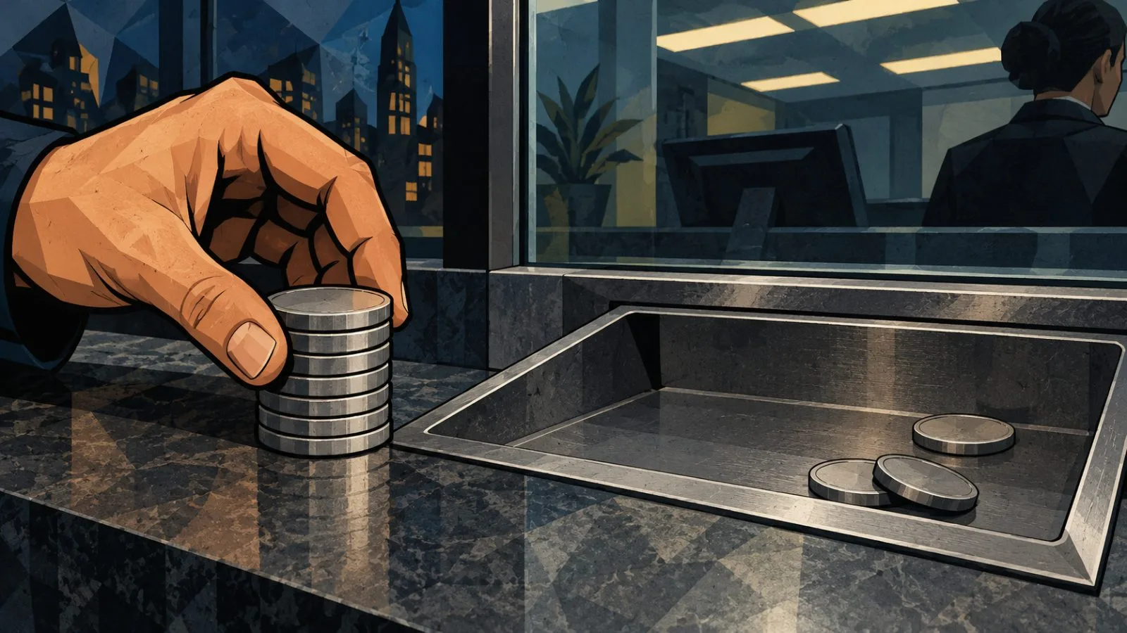 A hand places metal tokens beside an empty withdrawal tray / TokenPost.ai