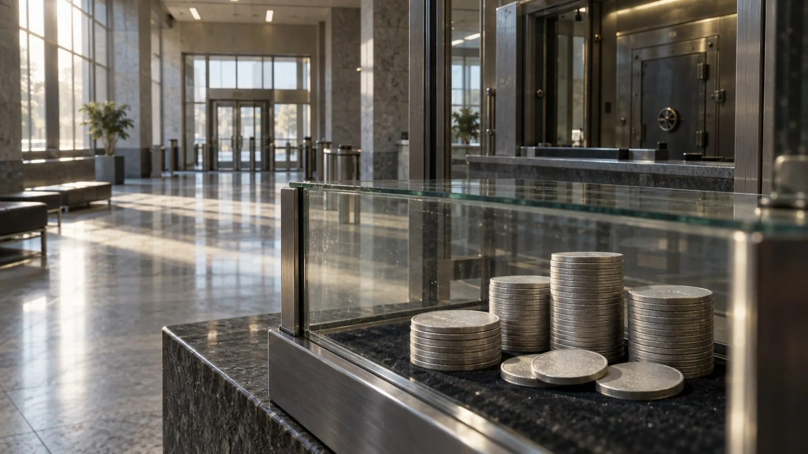 Metallic tokens secured in a transparent institutional vault tray / TokenPost.ai (macro)