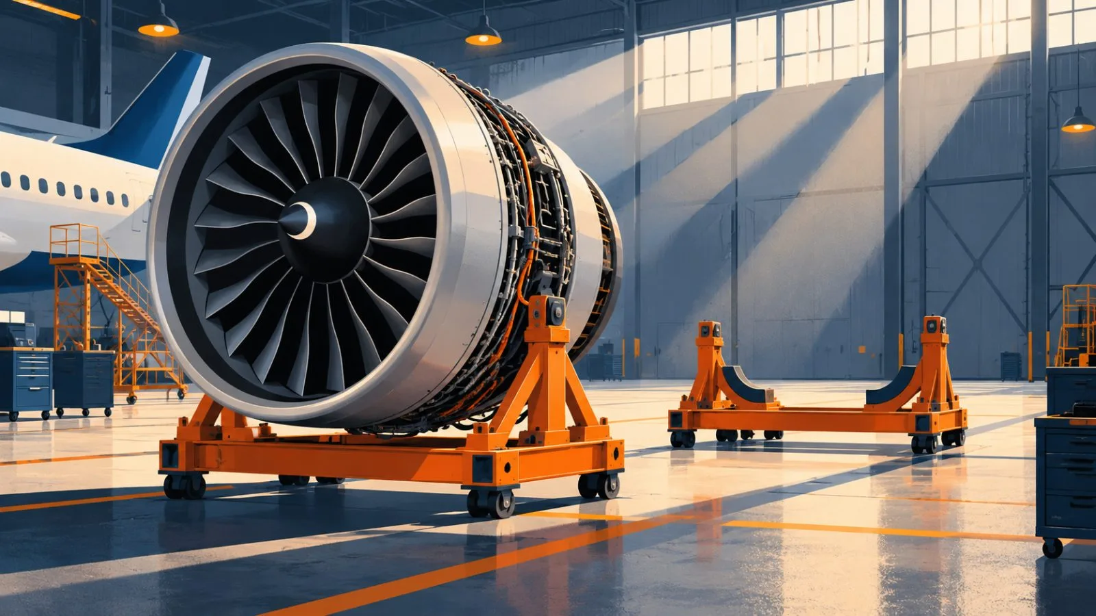 A turbofan engine rests on a service cradle inside a hangar / TokenPost.ai