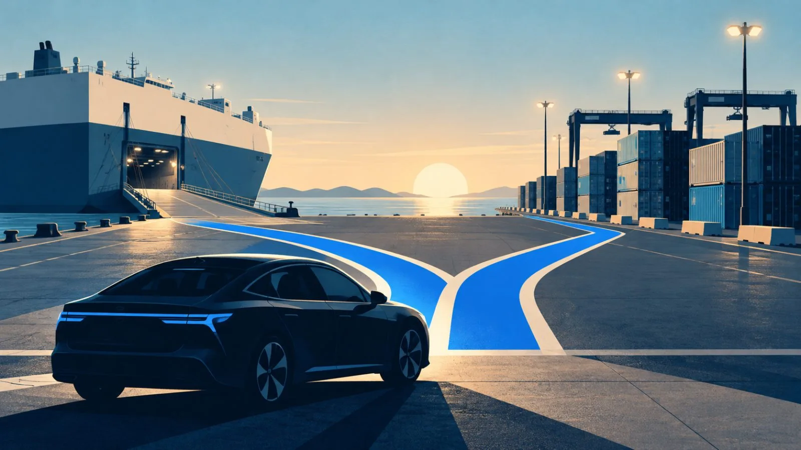 A hybrid sedan waits beside diverging lanes at a vehicle export terminal / TokenPost.ai