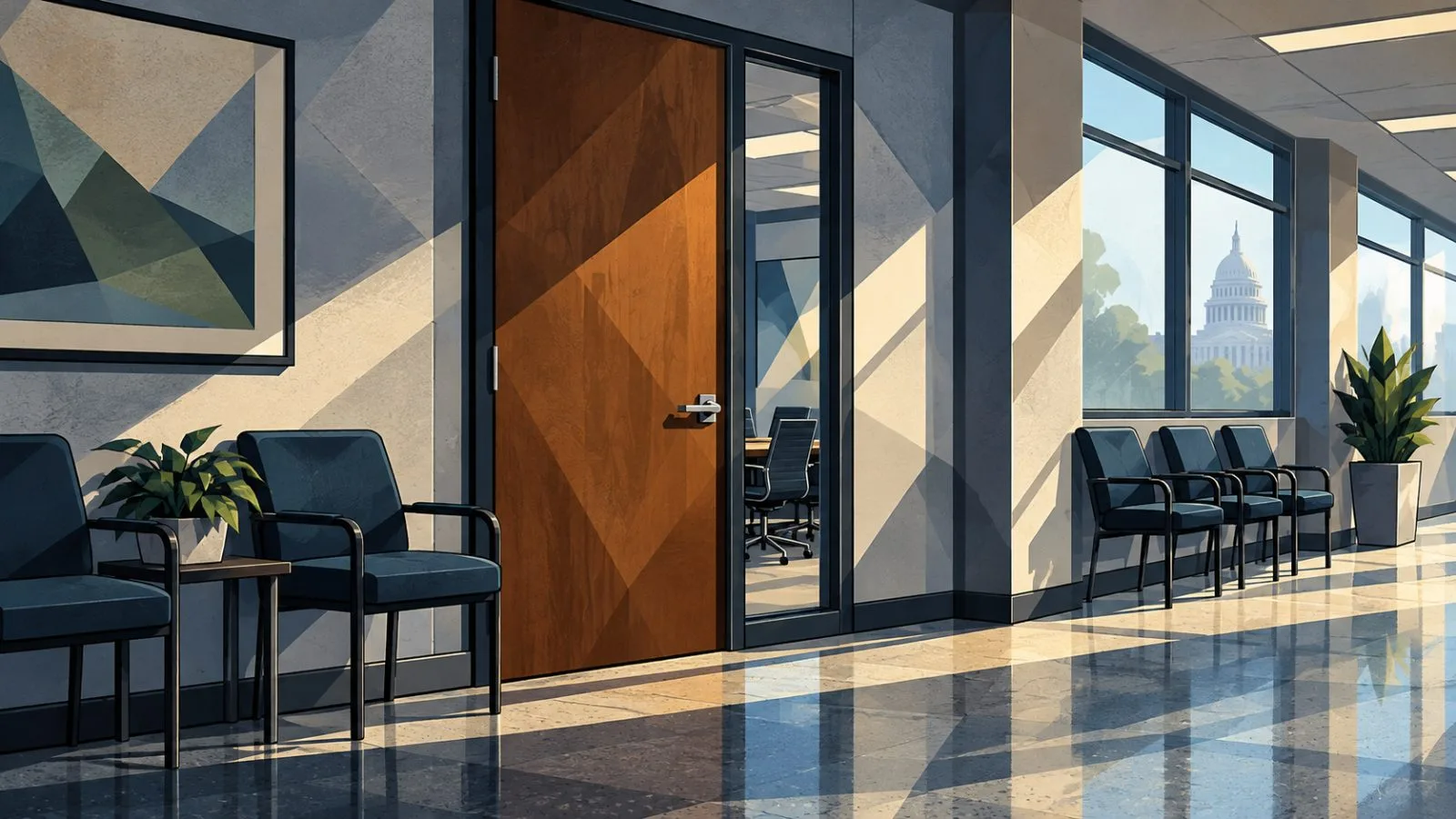 Closed meeting-room doors in a quiet government finance office / TokenPost.ai