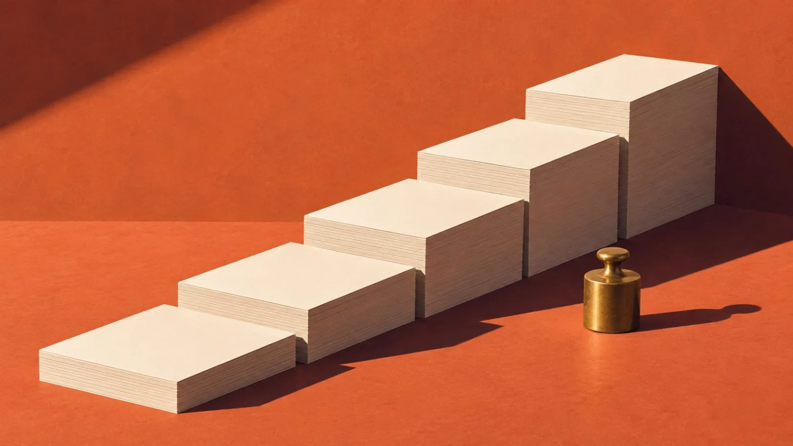 Blank ledger pages form a rising staircase beside a brass weight / TokenPost.ai