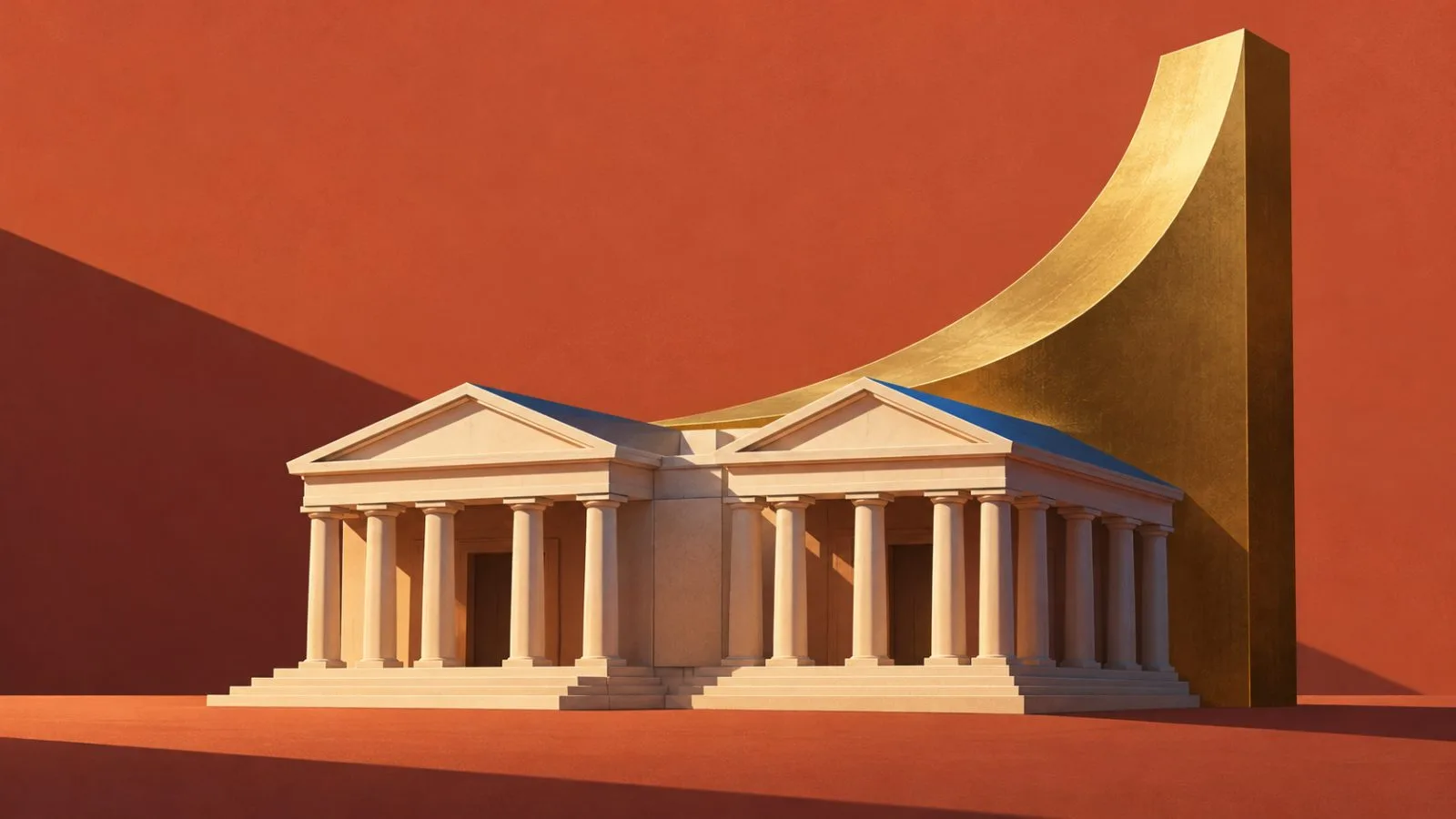 Two miniature bank buildings meet beside a rising brass form. / TokenPost.ai