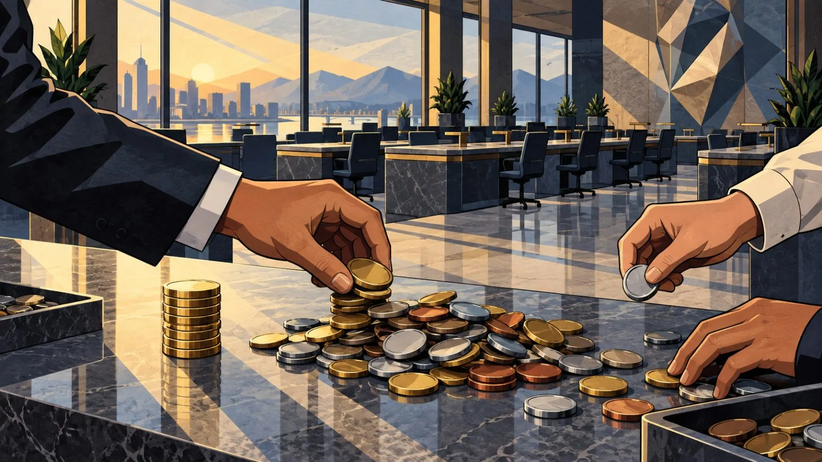 Mixed metallic tokens arranged in contrasting piles on an exchange counter / TokenPost.ai