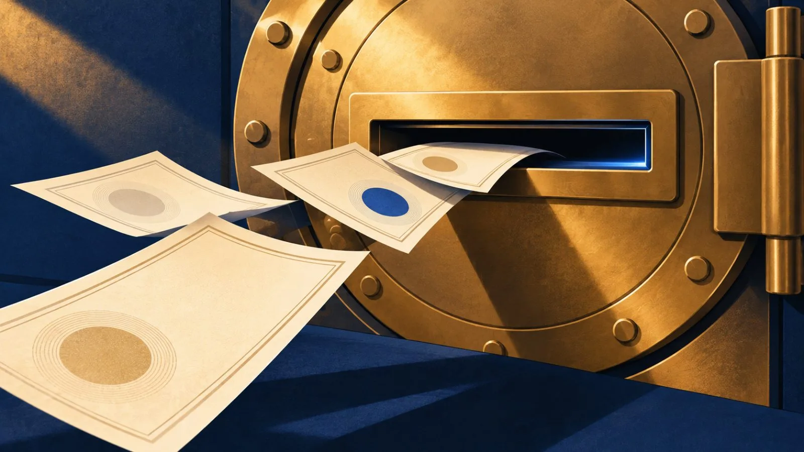 Blank certificates slide through a narrow slot in a brass vault door. / TokenPost.ai