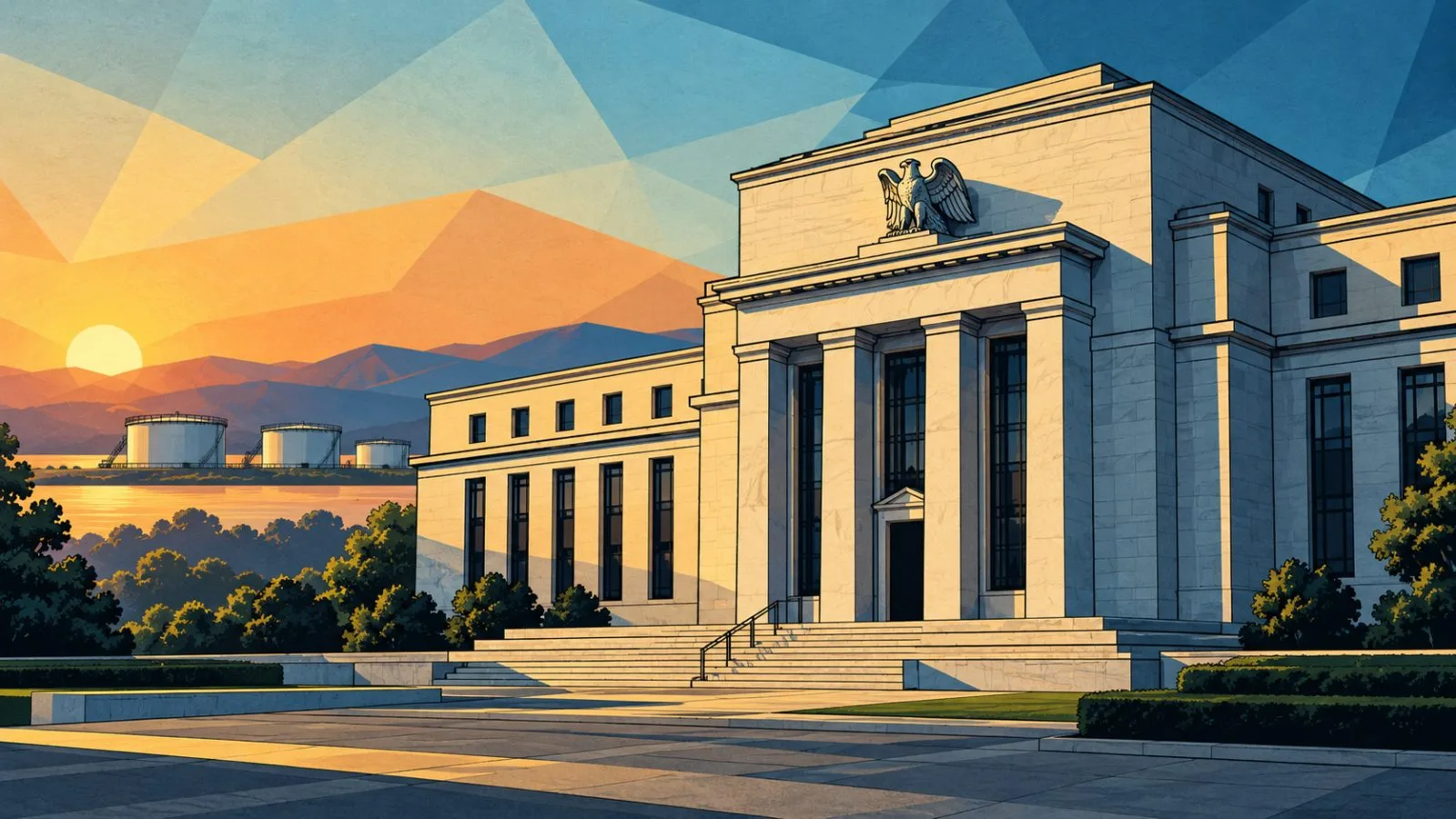 Federal Reserve building near distant petroleum storage tanks at dawn / TokenPost.ai