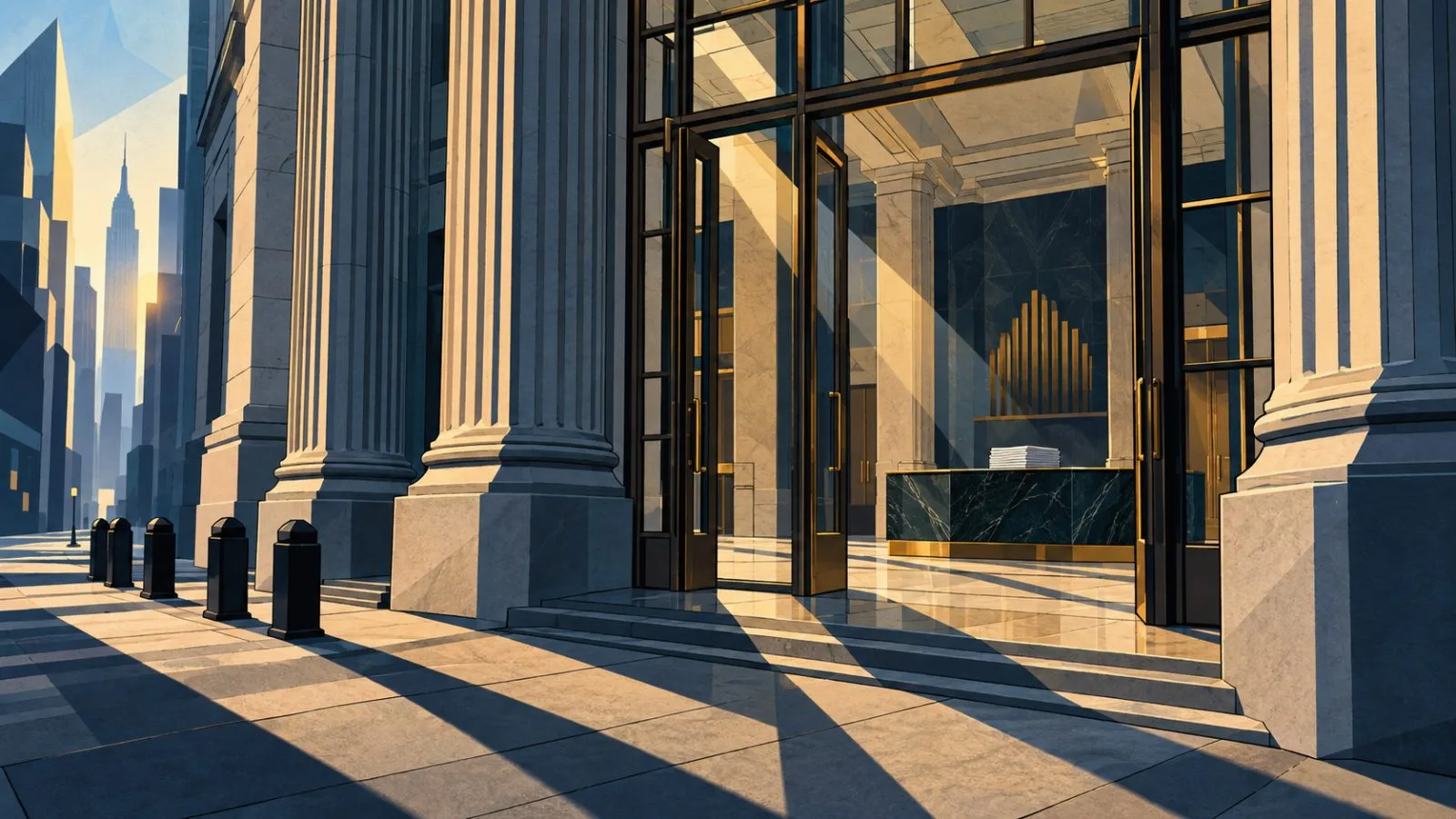 Empty queue stanchions stand before a closed stone exchange entrance / TokenPost.ai