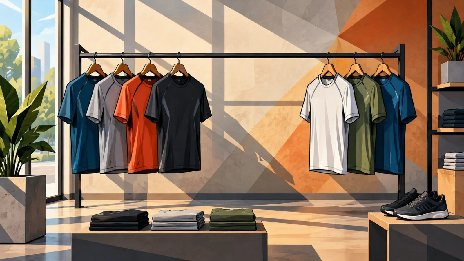 Neatly spaced athletic shirts hang across a simplified retail display / TokenPost.ai