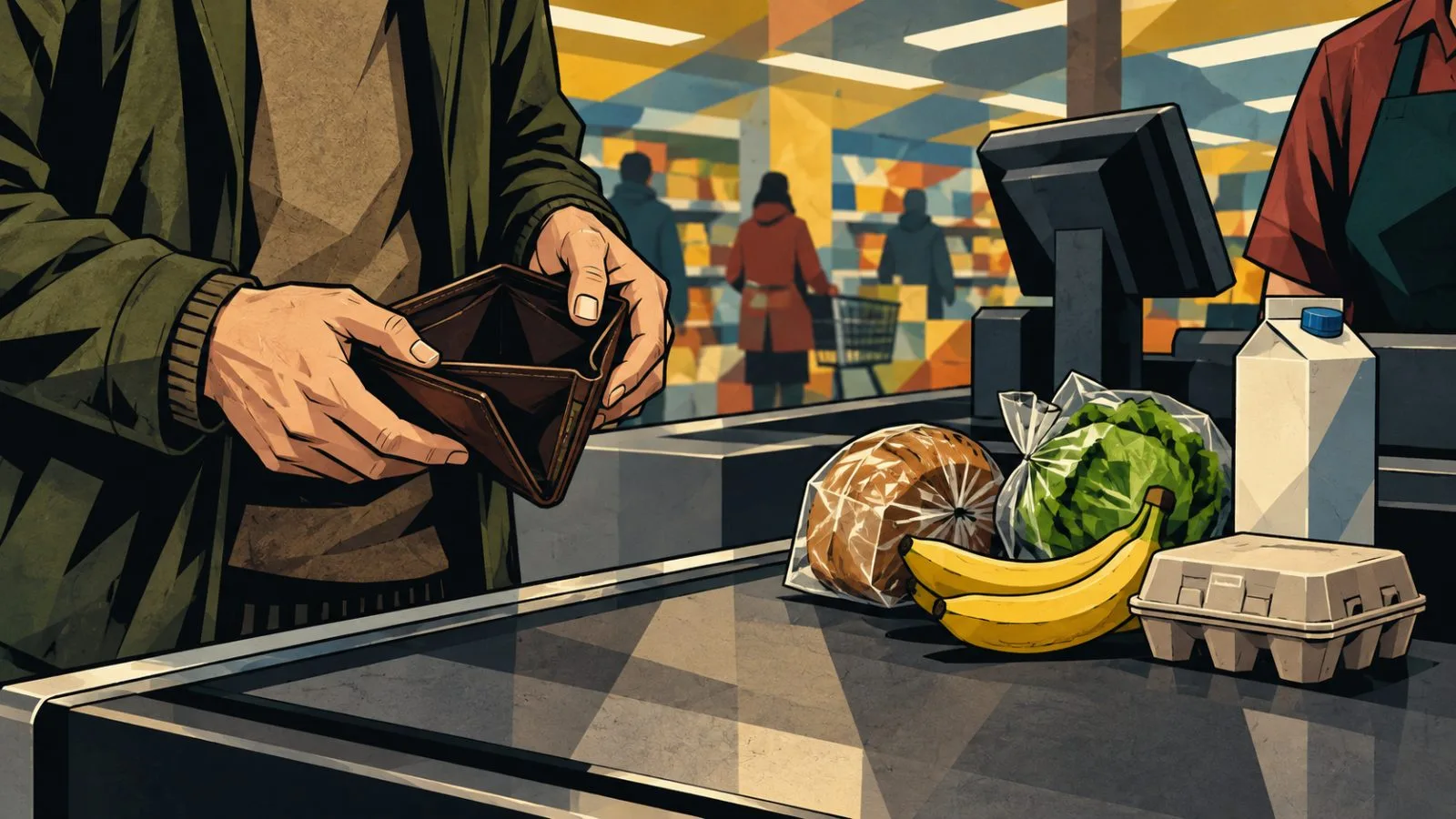 A hand pauses beside groceries at a supermarket checkout / TokenPost.ai