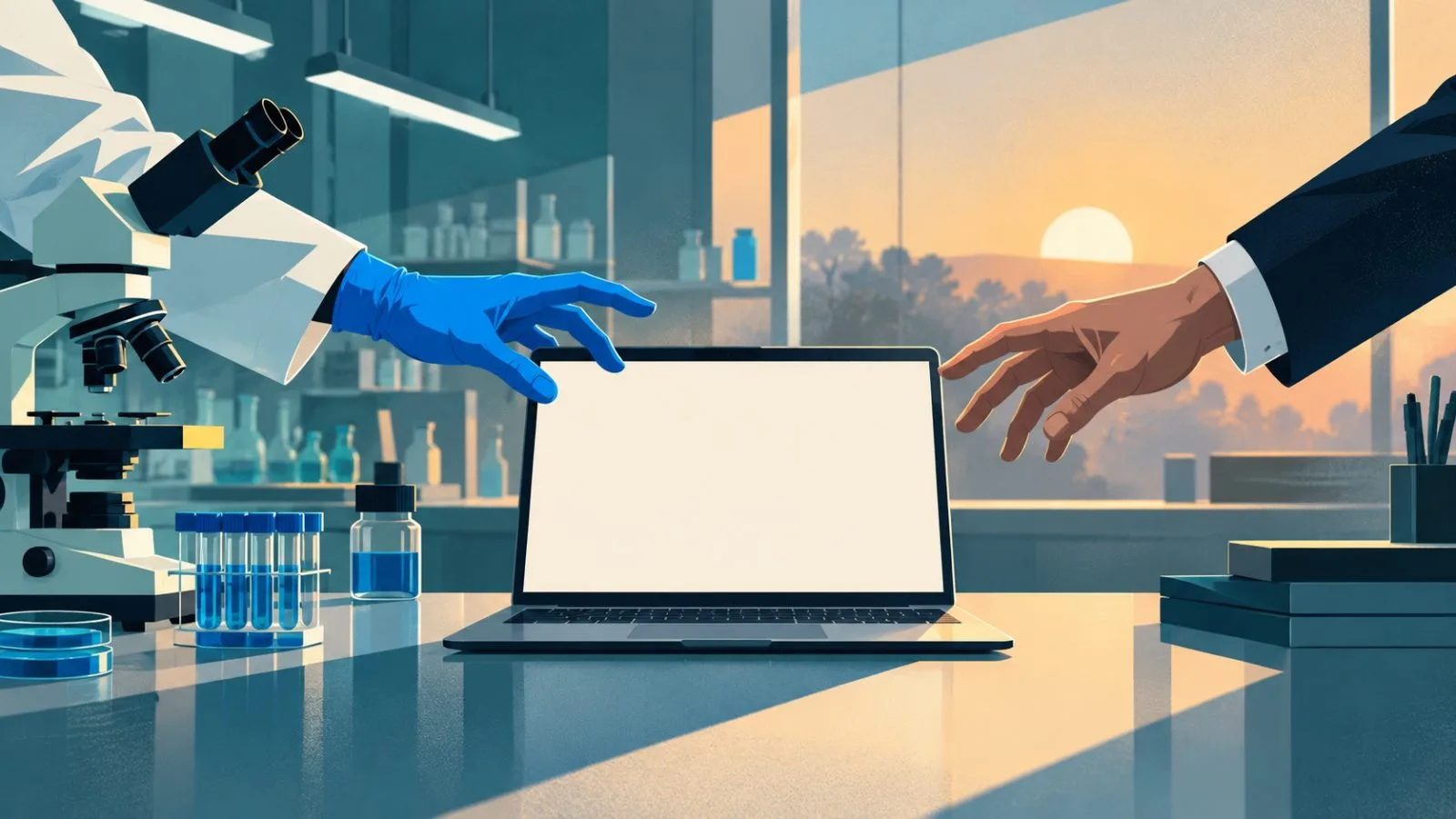 A blank laptop sits between a microscope and two reaching hands / TokenPost.ai
