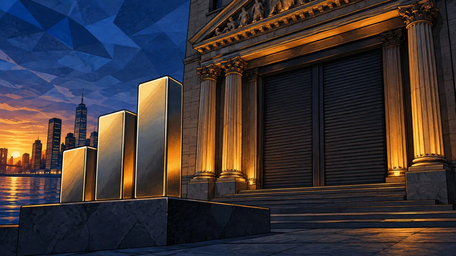 Polished market bars rise beside an illuminated exchange entrance / TokenPost.ai