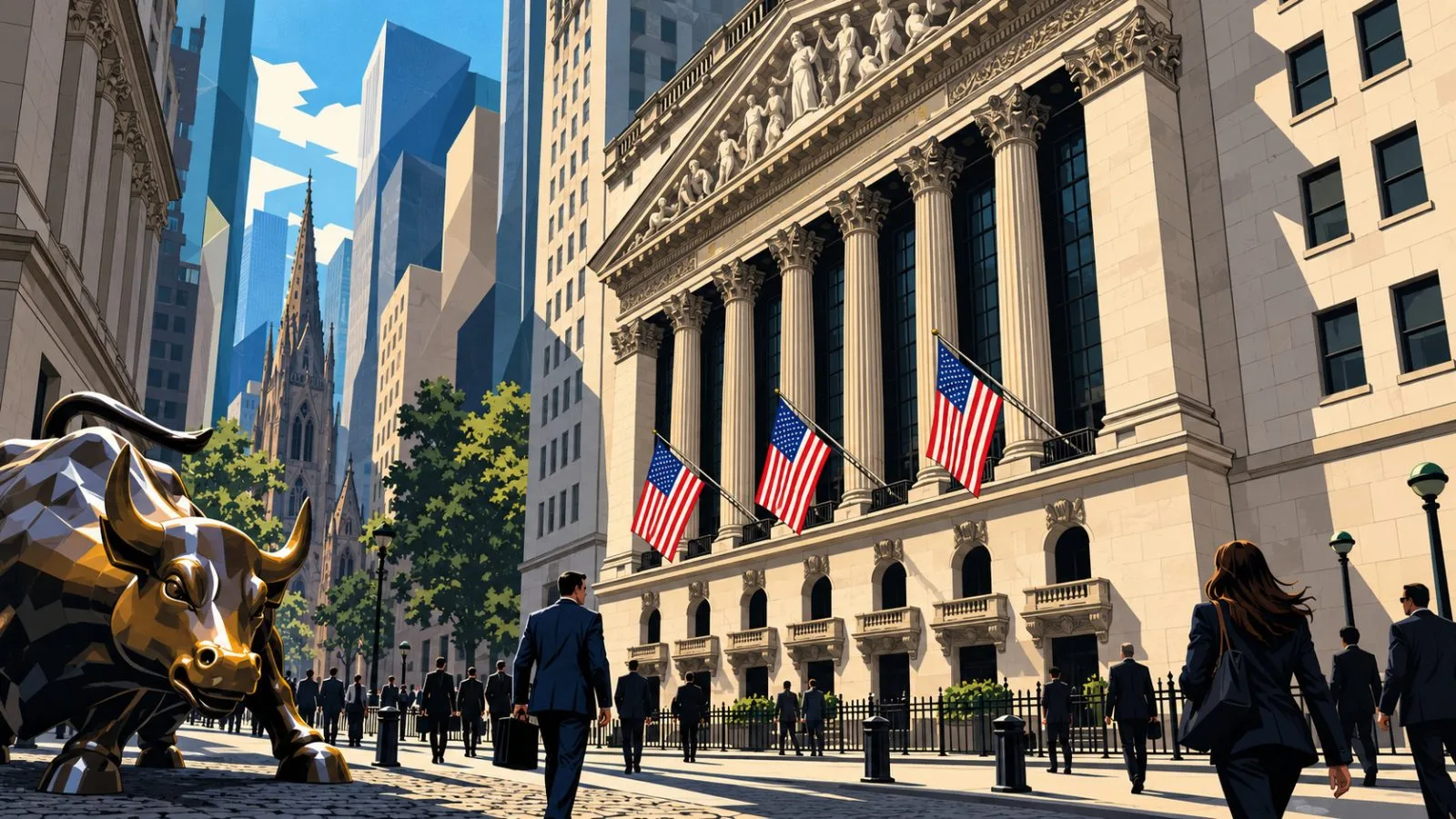 American flags hang above a sunlit street outside a stone-columned exchange / TokenPost.ai