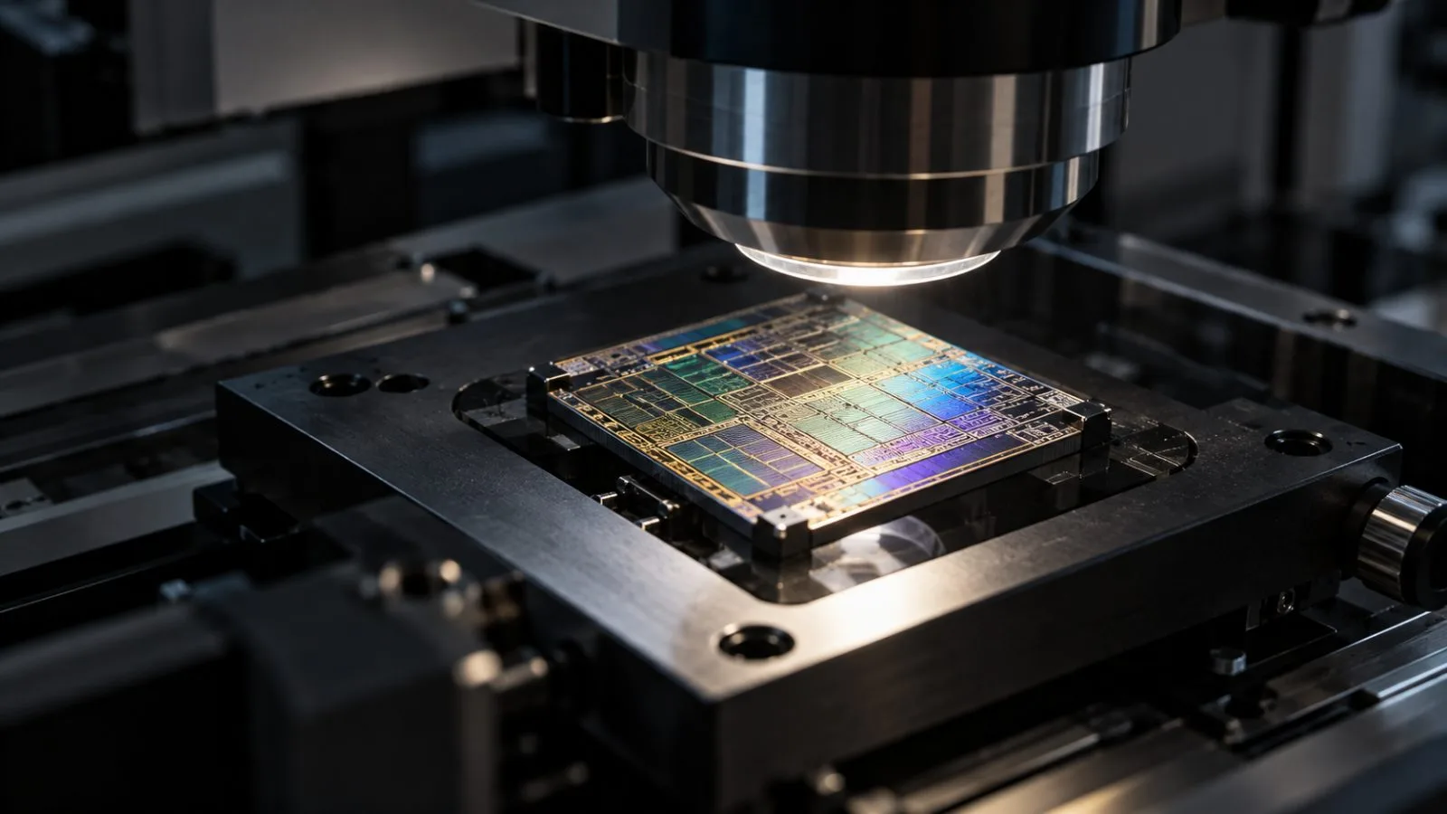 An unmarked silicon chip sits beneath a microscope lens. / TokenPost.ai