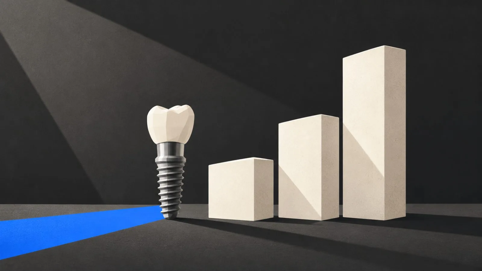 A titanium implant stands beside ascending ceramic forms / TokenPost.ai