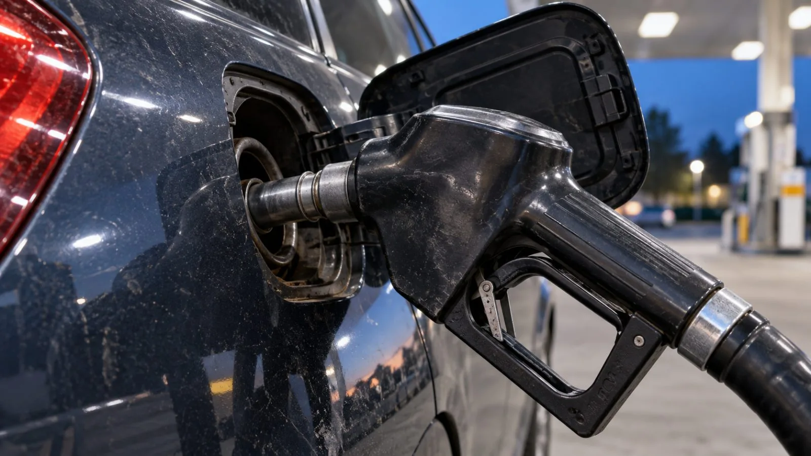 A fuel nozzle rests in a sedan’s open fuel port / TokenPost.ai