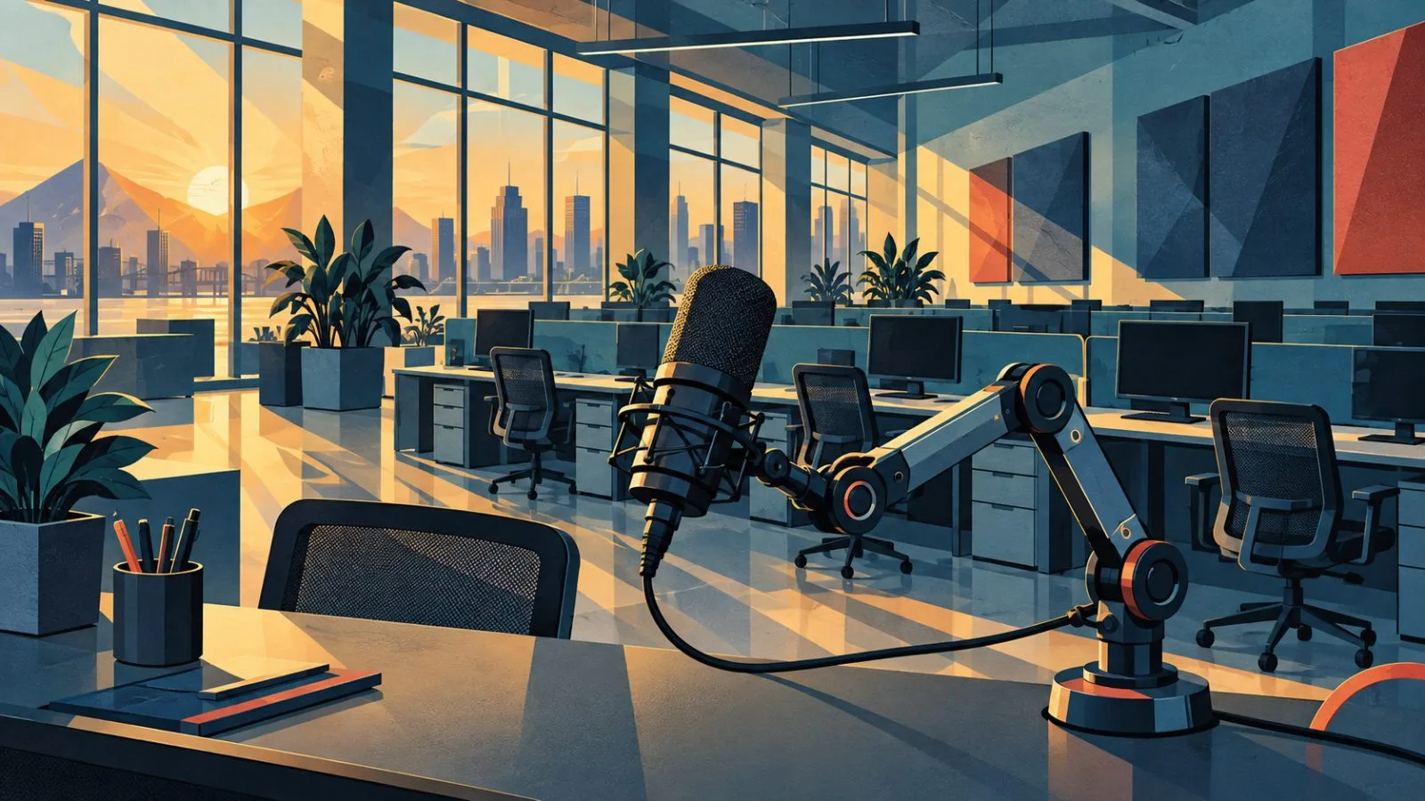 Studio microphone beside a robotic arm in a modern operations center / TokenPost.ai