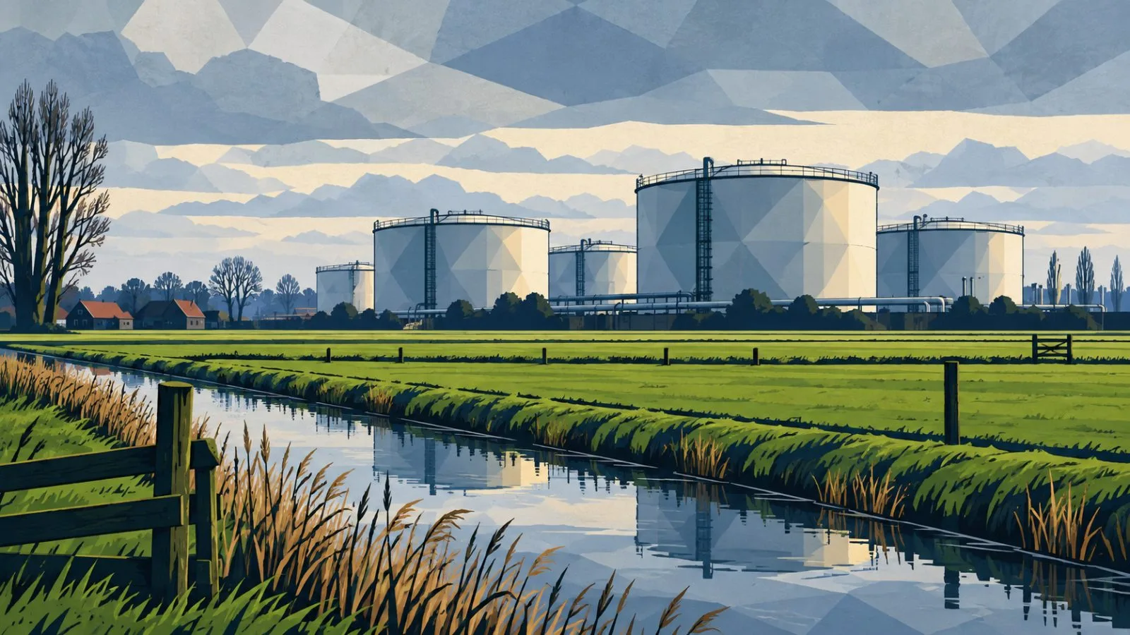 Gas storage tanks rise beyond a quiet Dutch countryside / TokenPost.ai