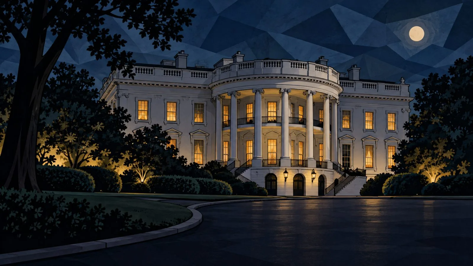 White House windows glow above a quiet nighttime driveway / TokenPost.ai