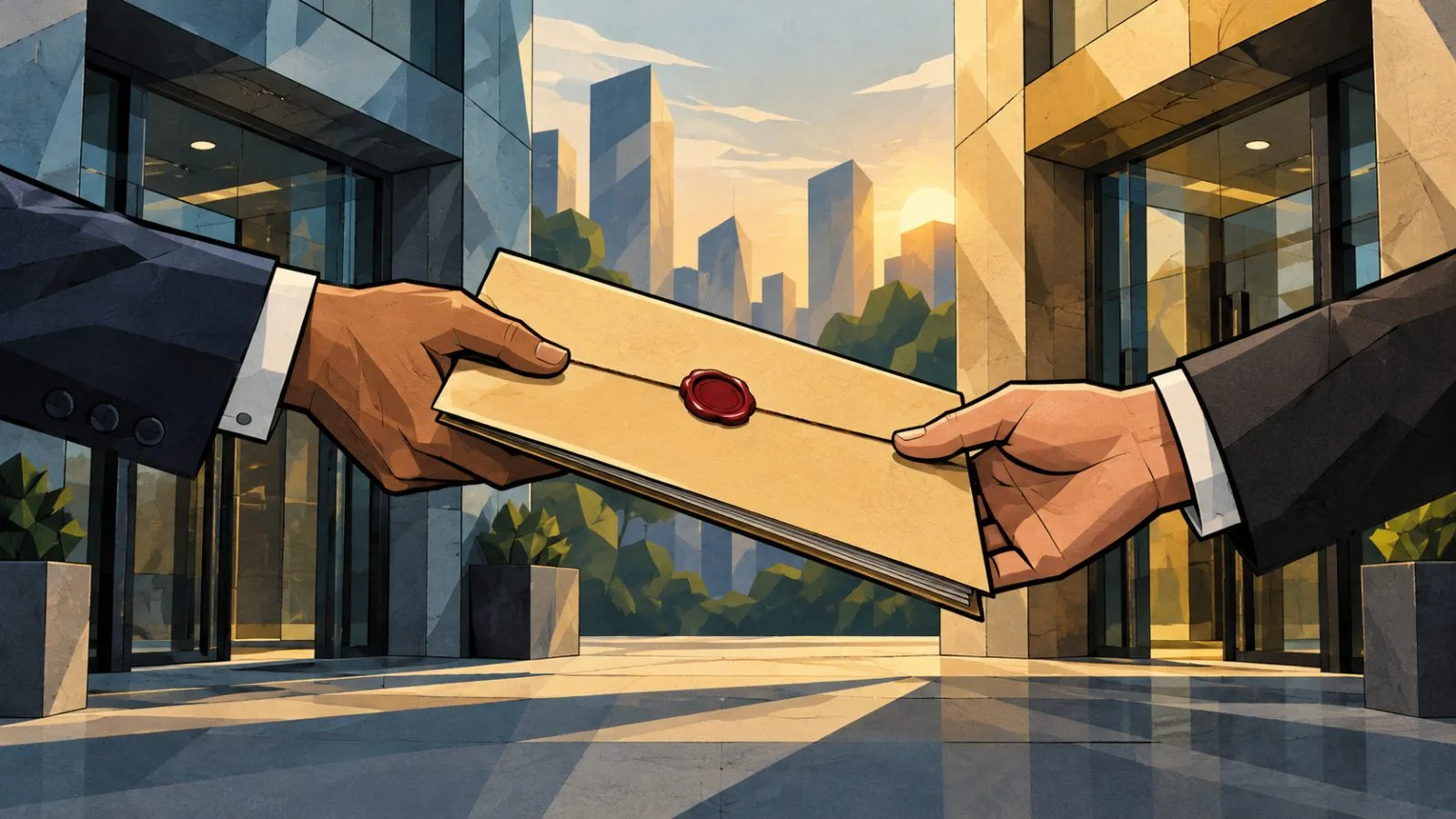 Two hands exchange a sealed agreement folder in soft daylight / TokenPost.ai