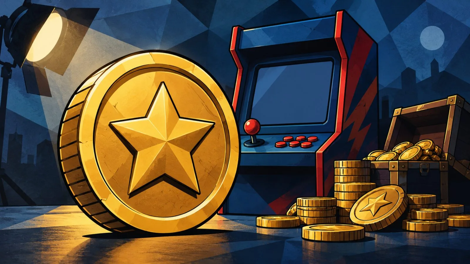 Gold game token beside an arcade cabinet and stacked reward coins / TokenPost.ai