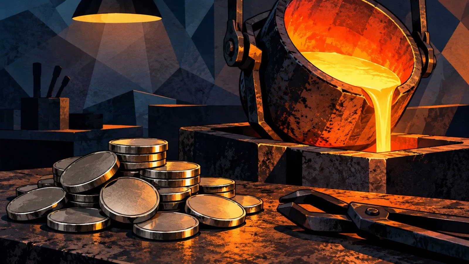 Plain metal tokens rest beside a steel melting crucible / TokenPost.ai