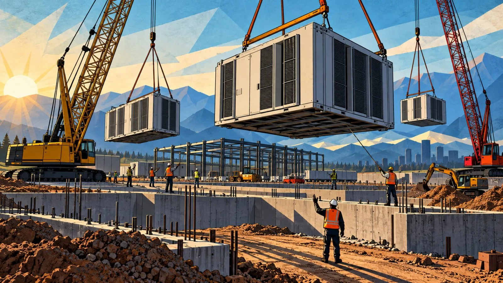 Prefabricated data-center modules at a sunlit construction site / TokenPost.ai