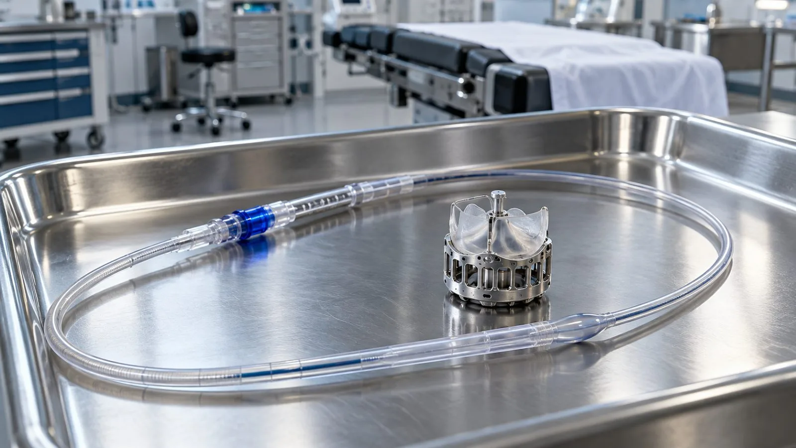 A catheter and compact valve prototype on a sterile tray / TokenPost.ai