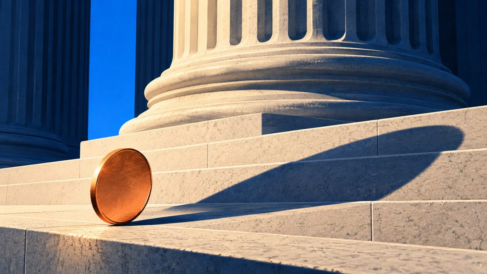 A copper disk rests on the stock exchange's stone steps / TokenPost.ai