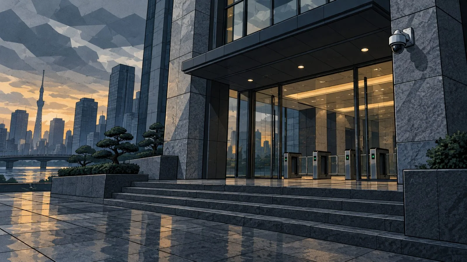 Security camera above controlled entrance doors at a financial institution / TokenPost.ai