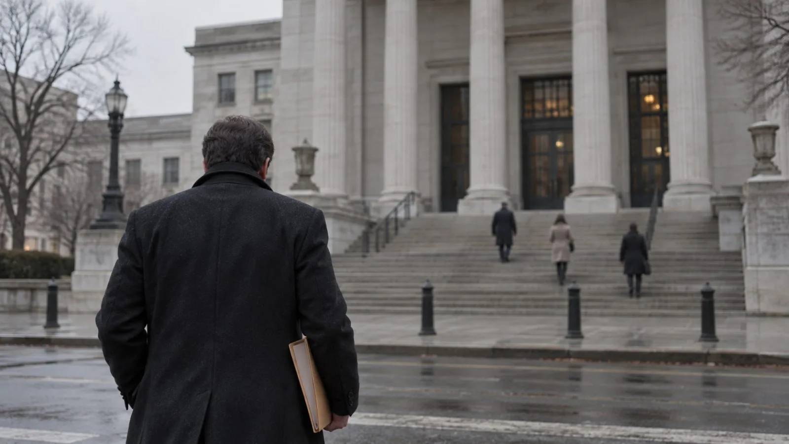 Chicago courthouse entrance beneath soft gray afternoon light / TokenPost.ai