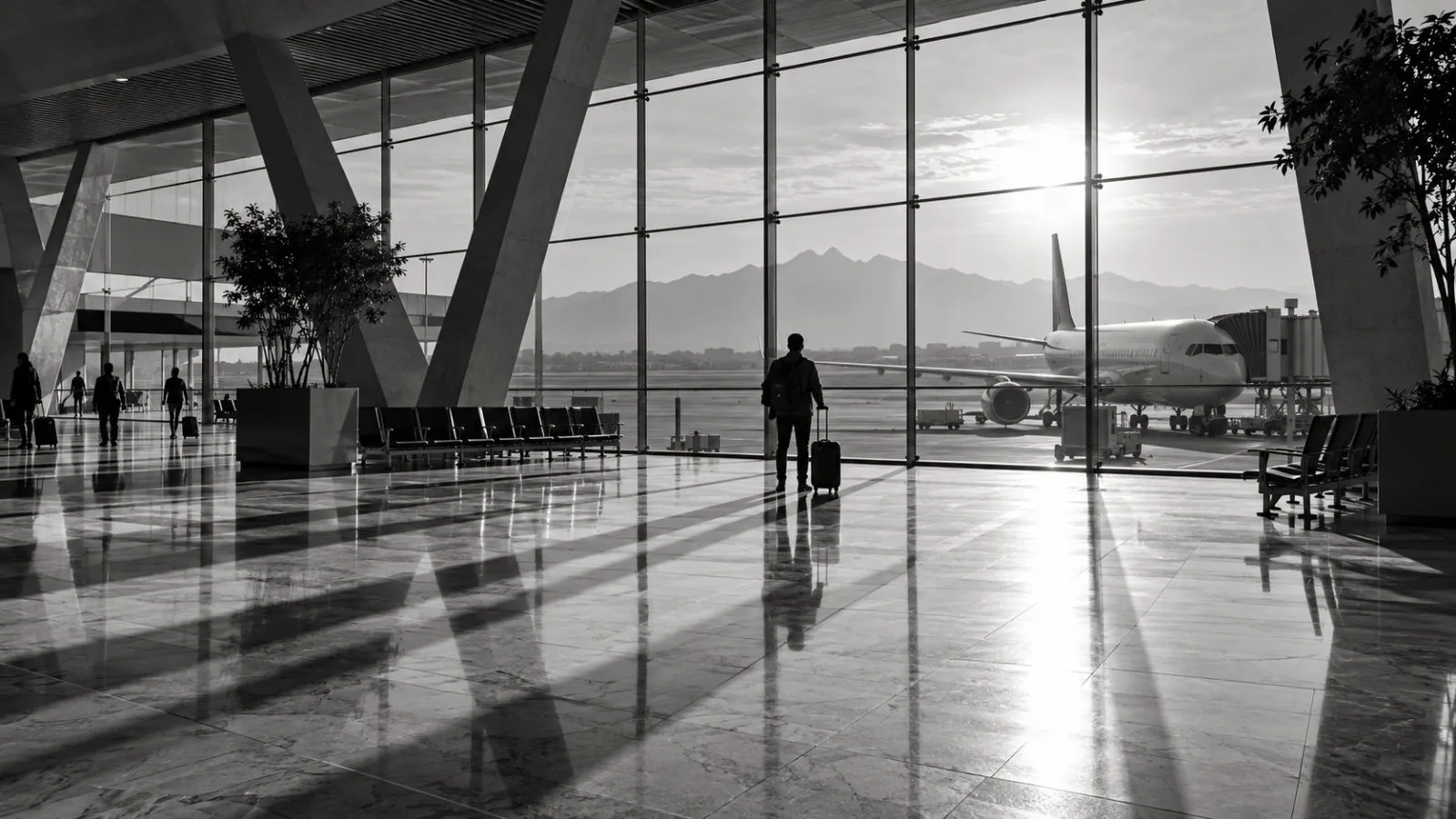 Travelers cross a bright airport terminal beside the glass windows / TokenPost.ai