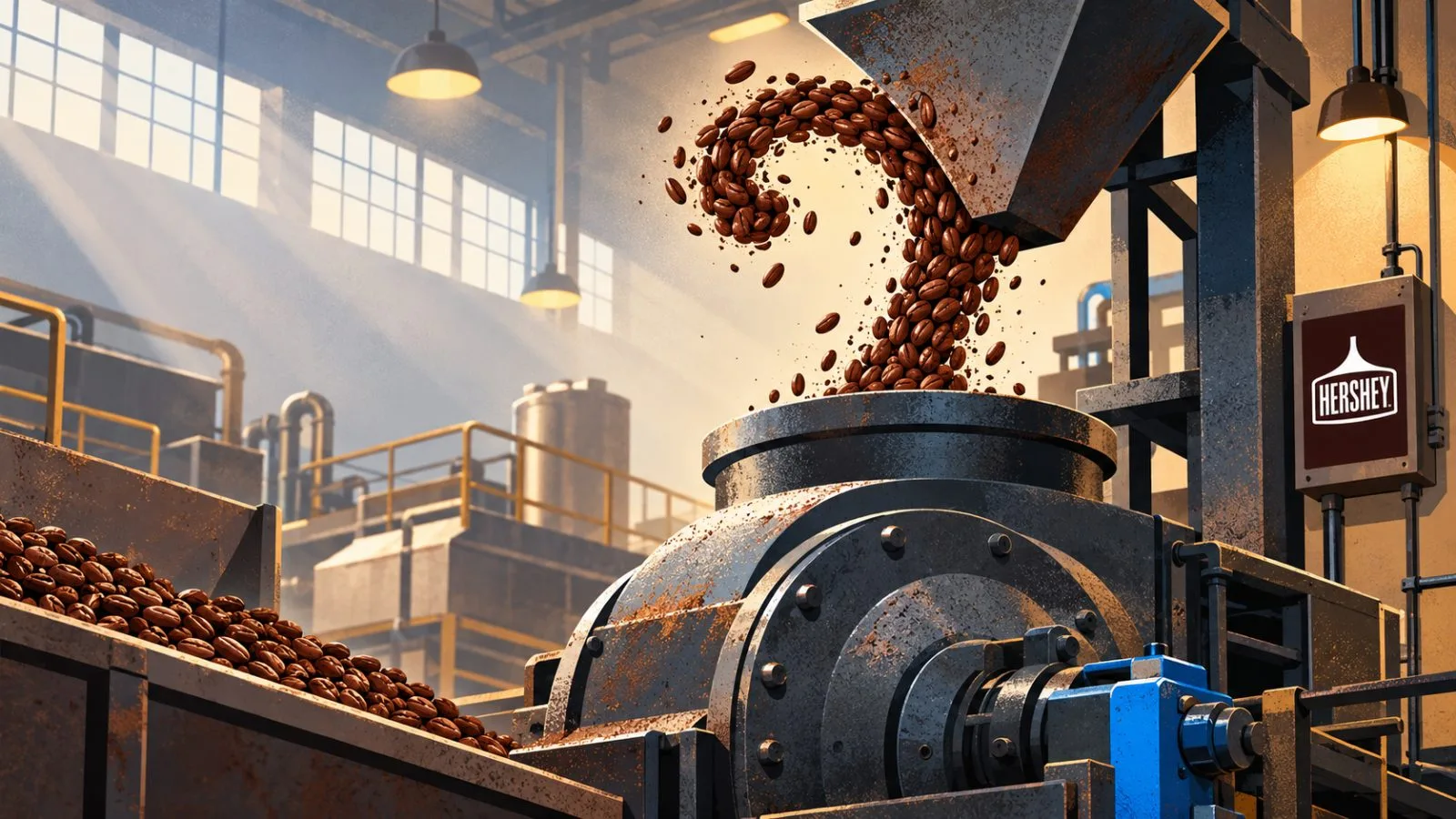 Cocoa beans feed into a steel grinder beneath factory lights / TokenPost.ai