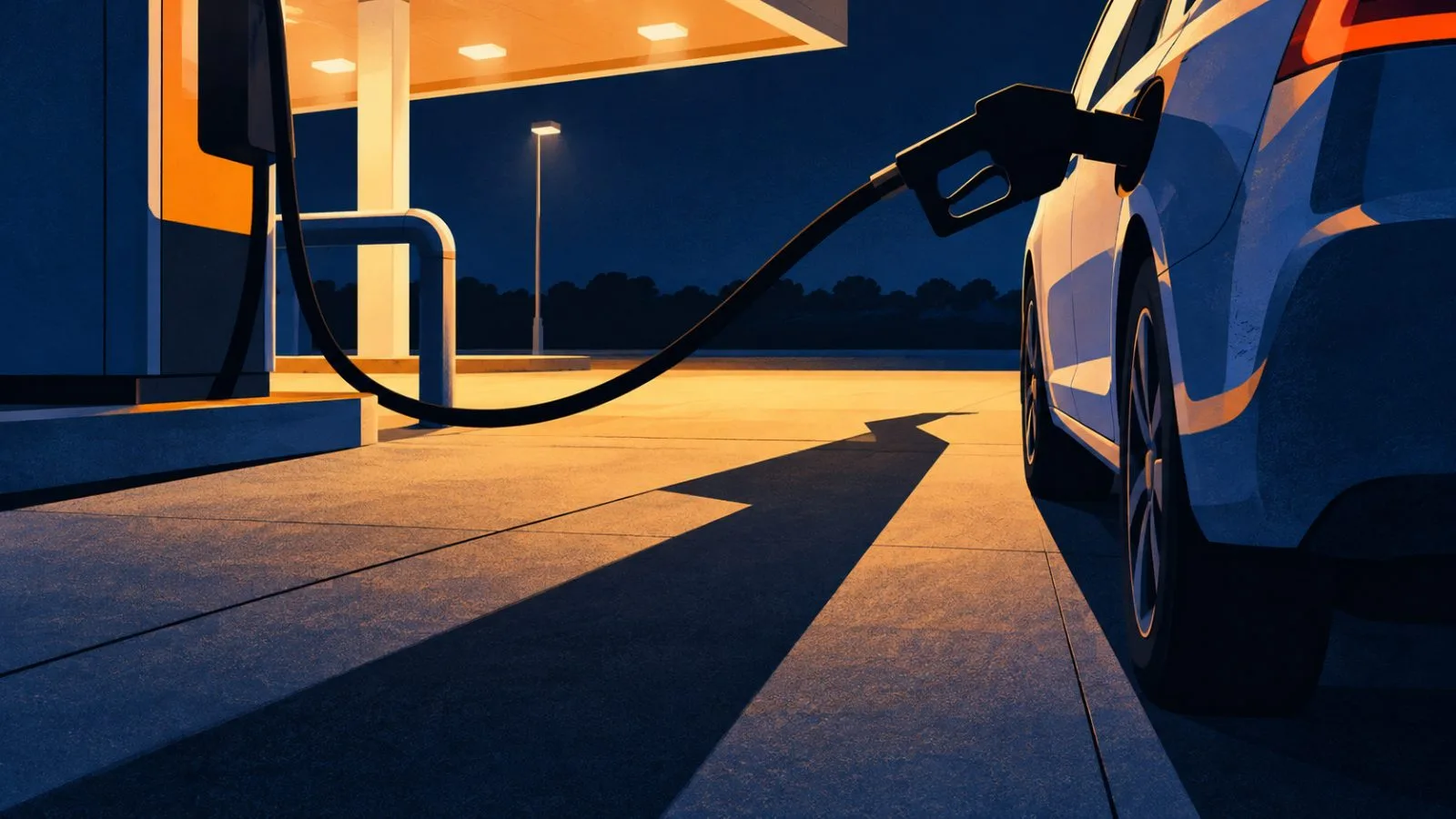 A fuel nozzle fills a car beneath warm gas station lights / TokenPost.ai