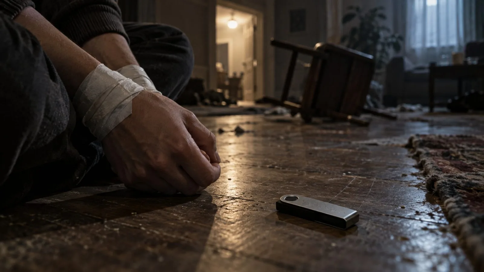 Taped wrists beside a hardware wallet on a damaged floor / TokenPost.ai