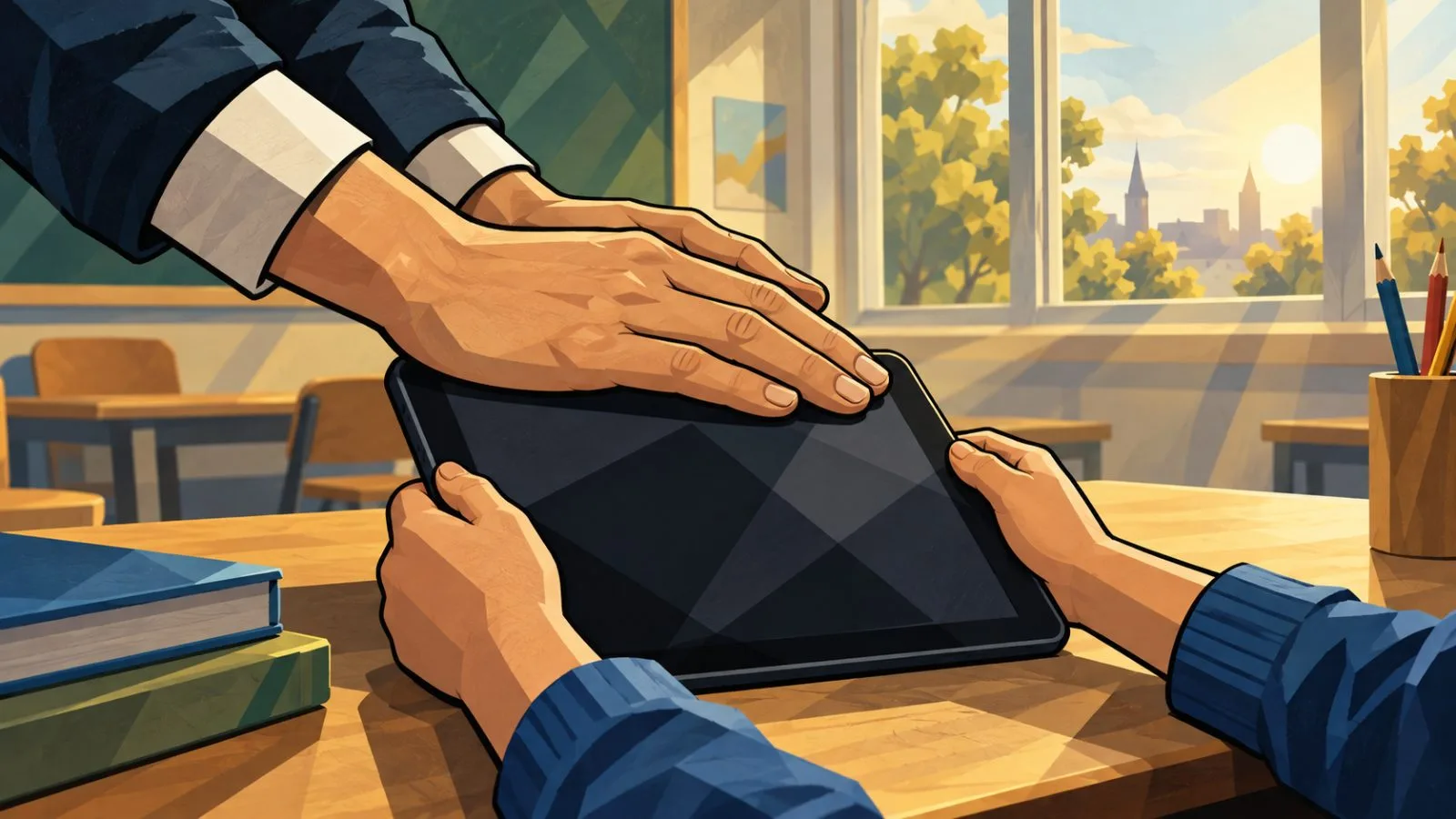 Adult hands shield a tablet beside a sunlit classroom window / TokenPost.ai