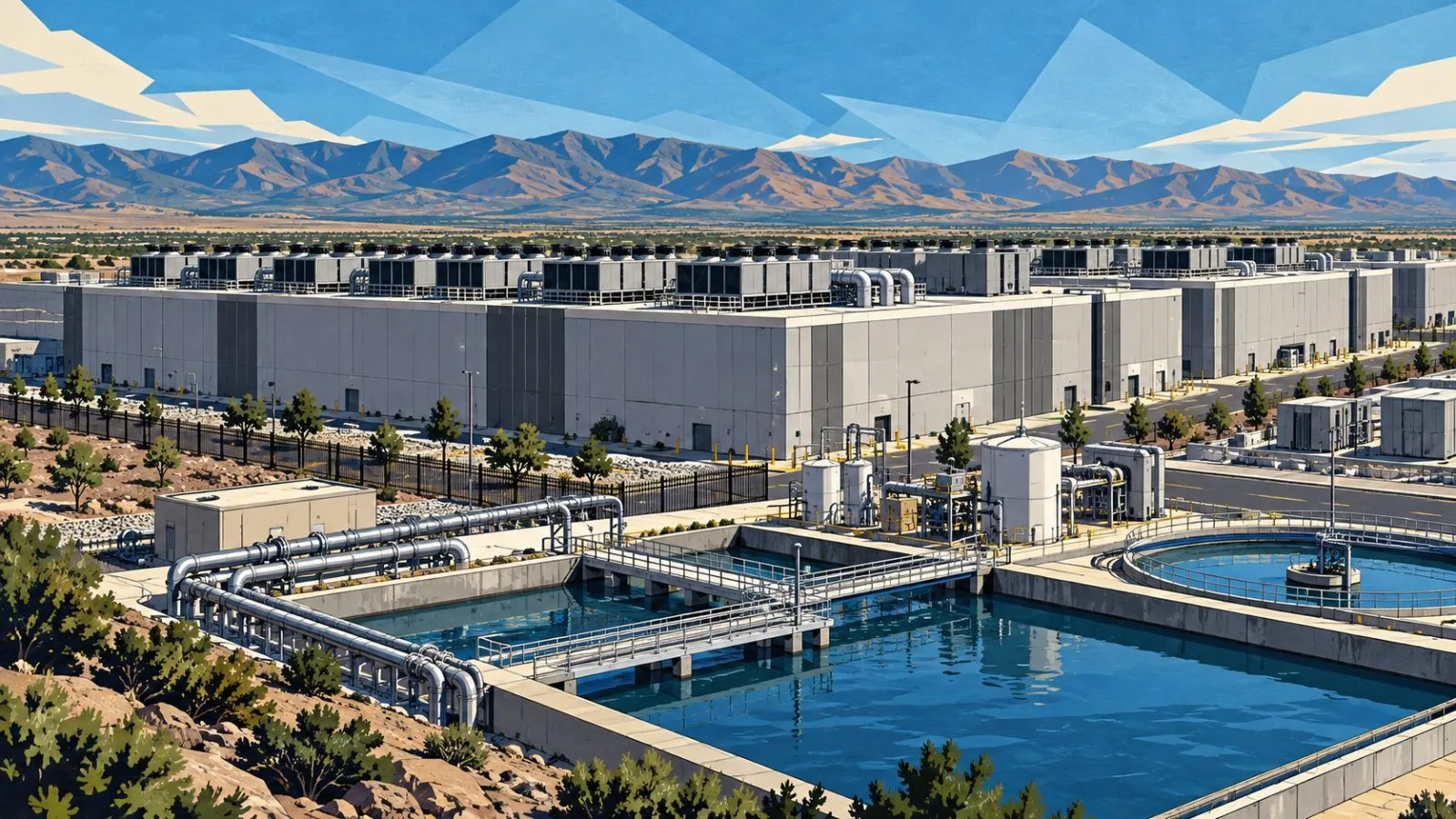 Data center cooling equipment beside a water treatment basin / TokenPost.ai