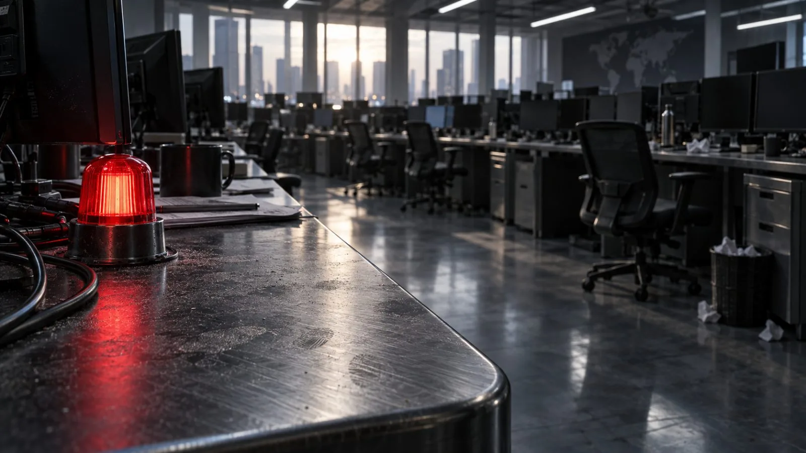 Red warning light glows inside an empty exchange operations room / TokenPost.ai
