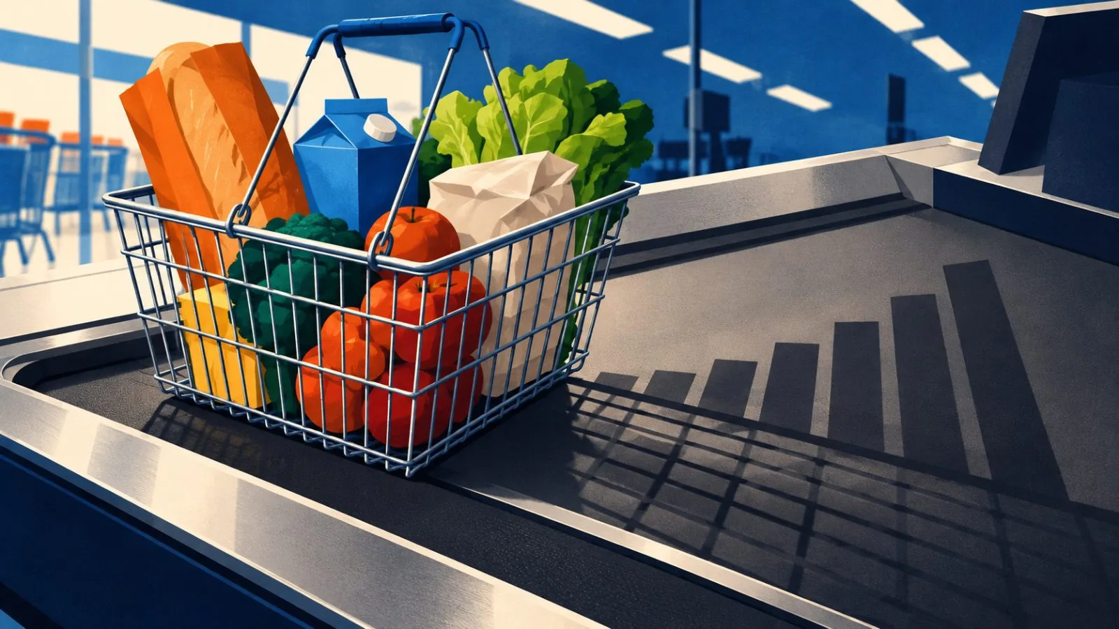 A grocery basket rolls onto a brightly lit checkout conveyor / TokenPost.ai