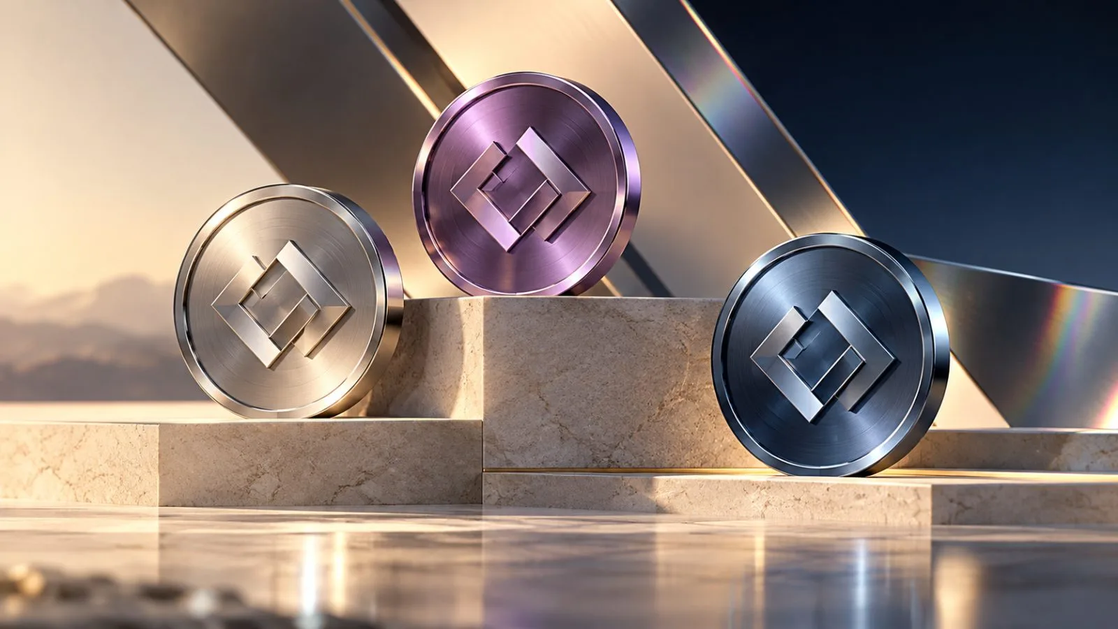 Three token medallions rest at different heights on stepped stone plinths. / TokenPost.ai