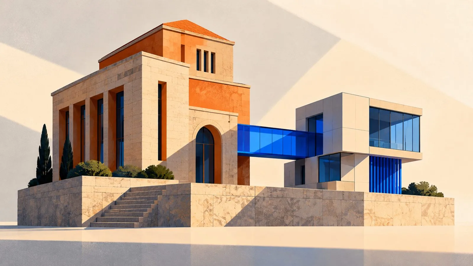 Two architectural models meet on a shared stone foundation / TokenPost.ai