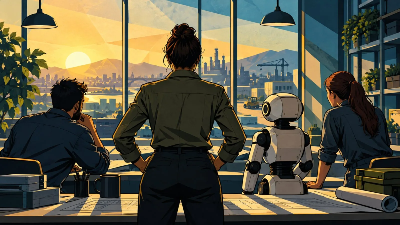 Supervisor stands beside coworkers and a compact service robot / TokenPost.ai