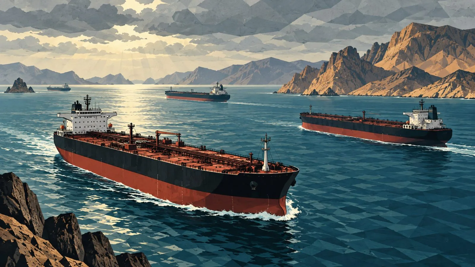Oil tankers pass through a narrow waterway beneath a cloudy sky / TokenPost.ai