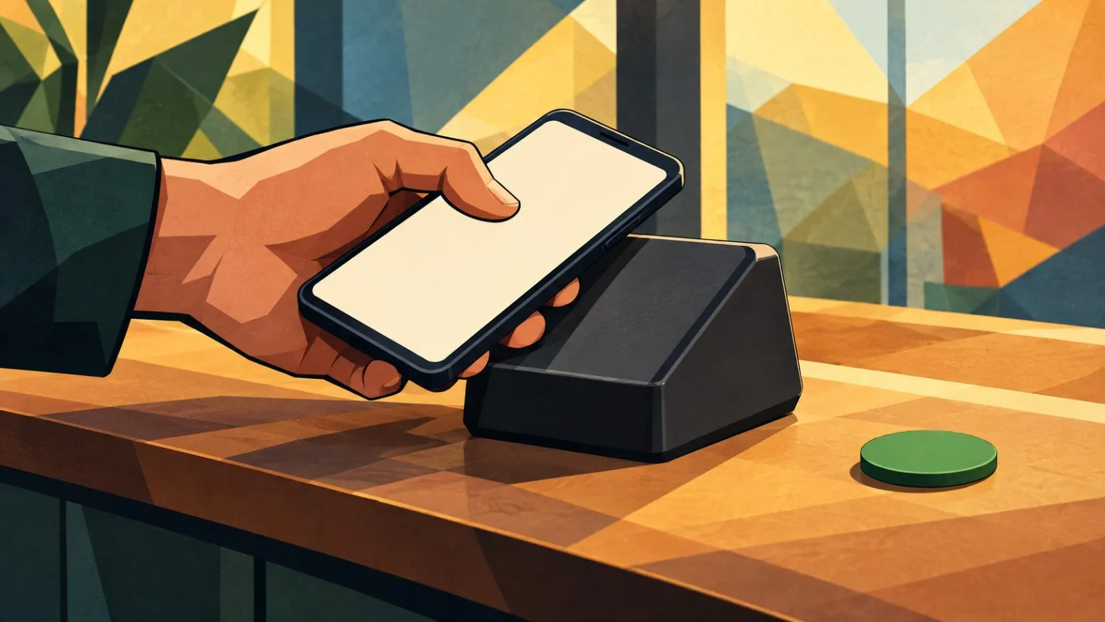 A smartphone taps a payment terminal beside a merchant counter / TokenPost.ai