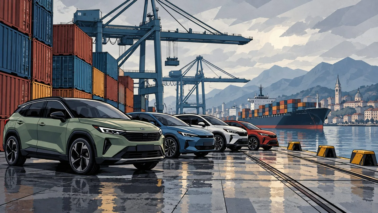 Hybrid vehicles lined beside cargo containers at dawn / TokenPost.ai