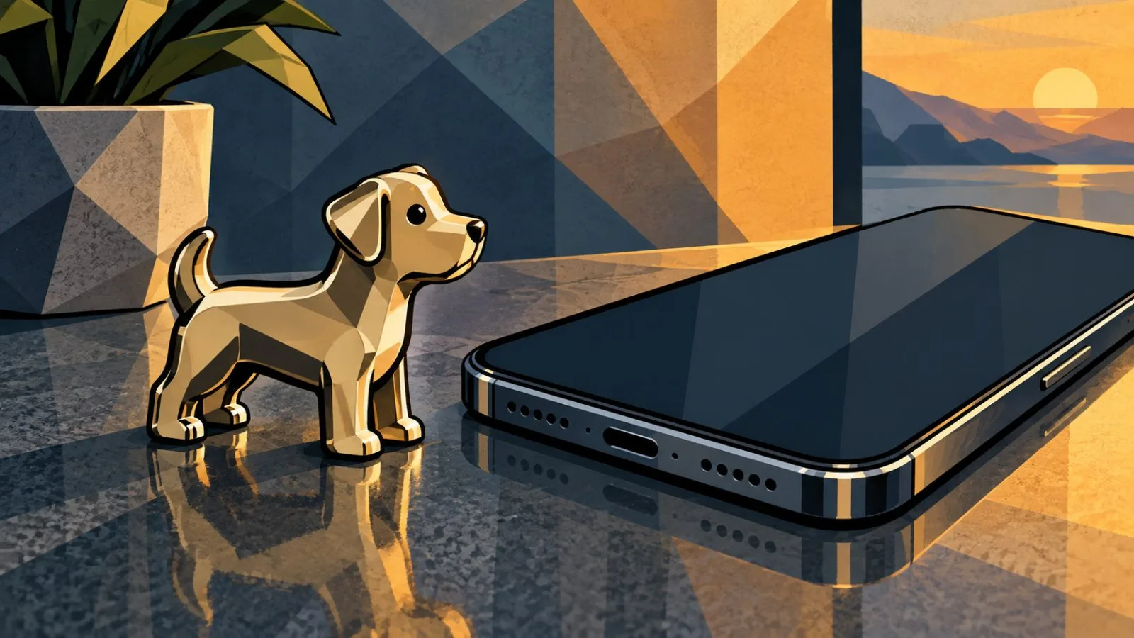 Dog-shaped metal token beside a smartphone on a reflective surface / TokenPost.ai