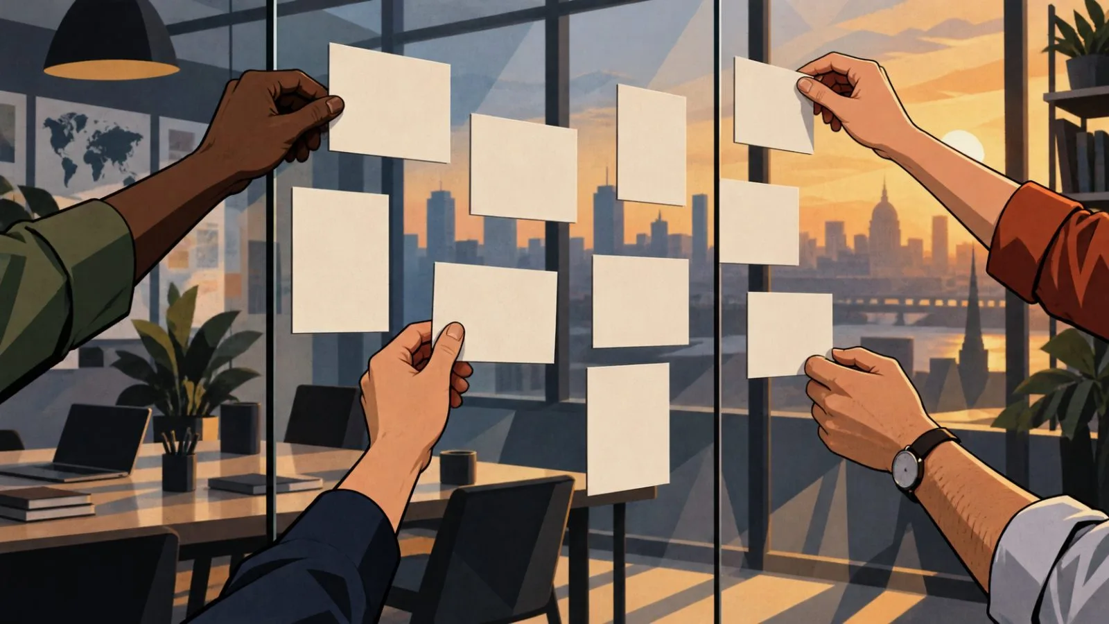 Hands arrange blank cards on a glass planning wall / TokenPost.ai