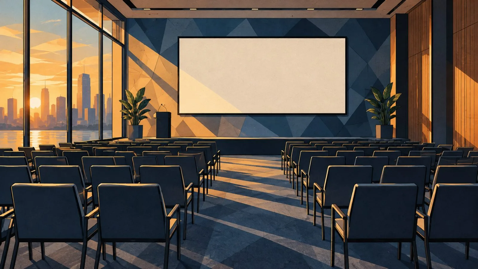 Empty conference room with chairs facing a blank screen / TokenPost.ai